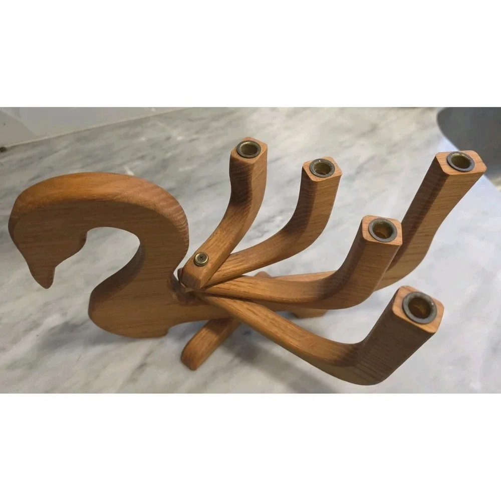 Vintage Mid-Century Modern Wooden Swan Folding Candelabra